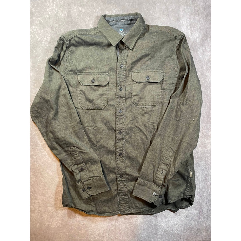 KUHL Mens Medium Olive Green Long Sleeve Button Down Shirt Dual Pocket Mountain